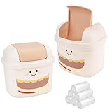 RETON 2 Stück Nette Mini Mülleimer Mit Deckel, Mini Mülleimer mit 180-Mülltüten,Kreativer Tischmülleimer Klein, Tischabfalleimer für Schlafzimmer Badezimmer Küche Büro (Creme) (2)