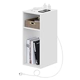 WOLTU Nachttisch mit Ladefunktion, schmaler Kleiner Beistelltisch mit 2 Steckdosen 2 USB-Anschlüssen 2 offenen Fächer, Couchtisch mit Stauraum, 25x60x30 cm, für Schlafzimmer, Weiß, NTS06ws