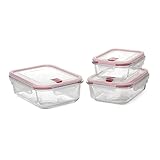 TATAY 3er-Set Cook and Eat Food Lunchboxen, Glas, luftdicht, Klippdeckel, BPA-frei, Mikrowellen-, Ofen-, Gefrier- und Spülmaschinenfest, Rote Farbe. Maße: 23,5 x 18,5 x 14 cm