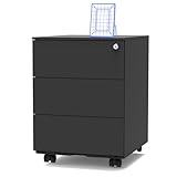 FLEXISPOT Rollcontainer, Metallschrank, Büroschrank, Aktenschrank unter Schreibtisch mit 3 Schublade für Büro, Wohnzimmer & Schlafzimmer, Kommode mit Schlüsselschloss, Komplett montiert, schwarz