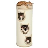 PawHut Kratztonne 96 cm Hoch Ø 38 cm dreistöckige Katzentonne mit Plüschrand, abnehmbarem und waschbarem Plüschbett, Katzenhöhle, Kratzbaum für Katzen unter 6 kg, Cremeweiß