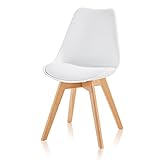 KHG Esszimmerstuhl Polsterstuhl Küchenstuhl Weiß Scandi Stil - Stuhlbeine aus Massivholz Buche - Kunststoff-Sitzschale mit Sitzpolster aus Kunstleder - Design Stuhl Sitzhöhe 46 cm