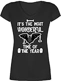 Halloween Kostüm Outfit - Its The Most Wonderful time of The Year - Fledermaus weiß - XL - Schwarz - Halloween kostüm Fledermaus Damen - XO1525 - Damen T-Shirt mit V-Ausschnitt