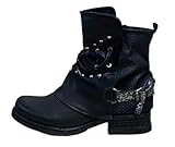 Damen Stiefeletten Biker Boots - Stiefel mit Nieten Blockabsatz - bequeme Herbst Winter Frauen Schuhe Schnallen ST07 Schwarz 39