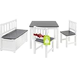 Bomi Kindersitzgruppe Anna mit integrierter Spielzeugkiste | Kinderzimmer-Set inkl. Kindertisch mit 2 Stühlen & Kindertruhenbank | Kindermöbel aus FSC nachhaltigem Kiefern Massiv Holz | Weiß Grau