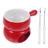 TOYANDONA Keramik Schokoladenfondue mit Ergonomischem Griff Hitzebeständig Inkl Fonduegabeln Roter Stövchen Basis zum Schmelzen von Käse und Schokolade für Zuhause und Party