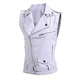 Herren Kunstleder Biker Ärmellos Jacke Vintage Asymmetrisch Reißverschluss Motorrad Weste PU Leichte Punk Gürtel Mantel, Weißa2, XL
