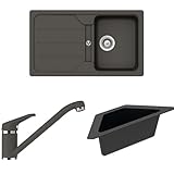 SCHOCK® Küchenspüle 78 x 50 cm Formhaus D-100S Asphalt – CRISTALITE® Dunkelgrau | Küchenarmatur COSMO Asphalt I Hochdruck Einhebelmischer mit Festauslauf | Eckschale in schwarz I Spülbecken Zubehör