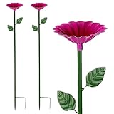 Vogelbad Garten Stehend 65x8cm - 2X Winterfeste Metall Vogeltränke mit Erdspieß, Rosarote Blumen Vogeltränke Groß für Wildvögel & Insekten