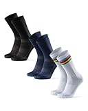 DANISH ENDURANCE Fahrrad Socken, Rennrad Socken, Gepolstert, Unisex, für Herren & Damen, 3 oder 5 Paar, Mehrfarbig (1 x Gestreift, 1 x Schwarz, 1 x Dunkelblau), 39-42