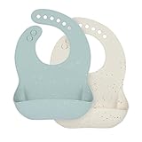 LÄSSIG Baby Silikon Lätzchen (2 Stk) Kleinkinder Lätzchen mit Auffangschale spülmaschinengeeignet, Blau/Beige
