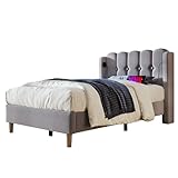 hrijusdif Polsterbett Einzelbett mit USB Typ C Ladefunktion, Bettgestell mit Lattenrost, Gepolstertes Bett in Grau,90 x 200 cm Bettrahmen Jugendbett für Schlafzimmer Gästezimmer-Leinenmaterial