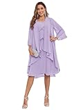 PAVERJER 2-teiliges Kleid für die Brautmutter mit Jacke, gestuft, 3/4-Ärmel, knielang, Chiffon, Perlen, formelles Kleid, Flieder, 36