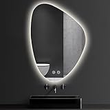 EYTVYUWPT Badezimmerspiegel Mit Beleuchtung Asymmetrischer LED Badspiegel mit Touch-Schalter Lichtfarben Dimmbar Beschlagfrei LED Spiegel(Anti-Fog,70x90cm)