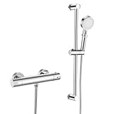 Thermostat Duscharmatur mit Brausegarnitur, Wand Duscharmatur Komplettset Duschsystem mit Thermostat, Duschset mit Duschstange 635mm | Handbrause | 1.5m Schlauch, Chrom, Sicherheitssperre bei 38 °C