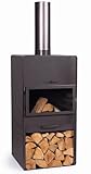 Gartenkamin Vento Gartenofen mit gehärtetem Glas H 150 cm zum Heizen und Grillen mit Kaminregal
