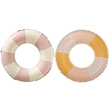 Pool-Schwimmer für Kinder im Alter von 5–10 Jahren, aufblasbar, einfache Streifen, niedliche Schwimmringe, Wasserspielzeug für Pool, Strandparty, gestreift, Rosa + Gelb