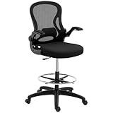 Vinsetto Bürostuhl, Ergonomischer Zeichenstuhl mit verstellbarem Fußring, Drehstuhl, 102-122 cm Höhenverstellbarer Arbeitsstuhl mit Rollen und Lendenwirbelstütze, Schwarz
