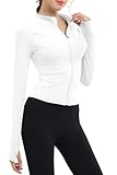 EIISSION Sportjacke Damen Laufjacke Sport Oberteil Jacke Yoga Gym Top Langarm Weiß Trainingsjacke Winter Fitness Slim Fit Sweatjacke Reissverschluss Laufshirt mit Daumenloch L