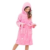Piefry Weicher Bademantel mit Kapuze für Mädchen Fleece Morgenmantel Nachtwäsche Kinder (Rosensterne, 6-7 Jahre)