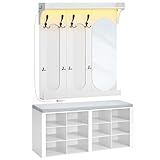Hzuaneri Garderobe mit Sitzbank, Schuhbank mit Sitzfläche, Eingangsbank, Wandgarderobe mit 10 Haken, 12 Fächer, 1 Spiegel, für Wohnzimmer, Flur, 30 x 104 x 49 cm, Weiß-Grau, HT60403GY