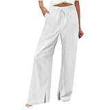 SUPTTING Leinenhose Damen Sommer Bequeme Elastische Yogahose Hohe Taille Weites Bein Freizeithose Leicht und Luftig Stoffhose mit Taschen Baumwolle Leinen Sommerhose Elegant Palazzo Hose