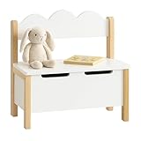 Relaxdays Kinderbank mit Stauraum, Deckel, Rückenlehne, HBT: 55 x 60 x 25 cm, Kinder Sitzbank, Kinderzimmer, weiß/Natur
