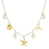 Hebterrka Charm Halskette für Frauen, Perlen Seestern Muschel 14k Gold, Sommer Strand Surfer Schmuck Halskette Geschenke