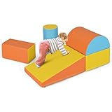 COSTWAY 5 TLG. Schaumstoffbausteine, Riesenbausteine zum Toben und Klettern, Softbausteine aus Schaumstoff, Großbausteine Mehrfarbig, Bauklötze für Babys und Kleinkinder (Orange + Gelb)