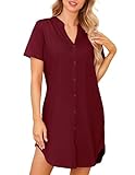 Lovasy Nachthemden für Damen Kurzarm Baumwolle Sommer Schlafshirt Still Nachthemd mit Knöpfen Damen Geburtshemd mit Taschen,Wein Rot,M