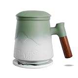 ZENS Teetasse mit Deckel und Sieb, 450 ml Große Holzgriff Teebecher mit Teesieb für Losen Tee, Geprägtem Keramik Teetassen und Untersetzer Set, Geschenke für Teeliebhaber, Moosgrün und Weiß