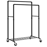 SONGMICS Kleiderständer, Kleiderstange, Garderobenständer mit 2 Kleiderstangen und Ablage, Rollen, bis 110 kg belastbar, Industrie-Design, für Schlafzimmer, Ankleidezimmer, schwarz HSR60B