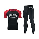 Celucke 2pcs Funktionsshirt Herren Set Kompressions Shirts Sport Leggings Funktionswäsche Motorrad Sommer New York Compression Shirt Kompressionshose Sportbekleidung 2-Teiler Jogginganzug