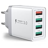 USB Ladegerät, 4-Port 33W Schnellladegerät, USB Netzteil mit QC 3.0 Mehrfach USBStecker Power Adapter für iPhone 16 15 14 13 12 11 Pro Max, Samsung, Huawei, Xiaomi, Handys Fast Charger Ladeadapter