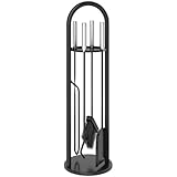 Outsunny Kaminbesteck Set 5 teilig Kaminzubehör mit Besen, Schaufel, Schürhaken Zange Ständer, Kamingarnitur aus Metall, Schwarz