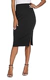 EXCHIC Damen Büro Hohe Taille Knielänge Stricken Bleistiftrock Elastische Bodycon Midi Rock mit Schlitz (XL, Schwarz)