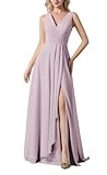 HPPEE Damen Brautjungfernkleider mit V-Ausschnitt und Schlitz, plissiert, Chiffon, Trauzeugin, langes formelles Abendkleid, violett, 38