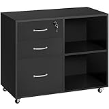 Yaheetech Rollcontainer, Aktenschrank, Büroschrank mit 5 Rollen, 3 Schubladen und 2 offenen Fächern, Industrie-Design, für Dokumente, Schwarz