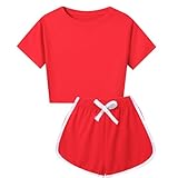 LOIJMK Kinder Kurzarm Shorts Set Einfarbig 8 Farbe Freizeitanzug Sportanzug Radfahren Spielen Sport Mädchen Hosen (Red, 3-4 Years)