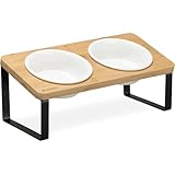 Navaris 2X Fressnapf aus Keramik mit Metall Ständer - Katzennapf Hundenapf 2 Stück im Set - Erhöhter Futternapf Katze Hund - Napf in Schwarz Natur