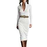 CHIACJYRSEDK Etuikleid Damen Langarm Kleider Tiefer V Ausschnitt Midikleid Sexy Damenkleider Elegant Enges Kleid mit Gürtel Frühlingskleid Festlich Cocktailkleid Dresses for Women