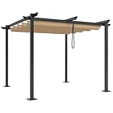 YITAHOME Metall Pergola mit einziehbarem Dach 3x3m Outdoor Pergola inklusive wasserabweisendem und LSF 15 PU-beschichtetem Baldachin, Sonnenschutz für Grillveranstaltungen,Khaki