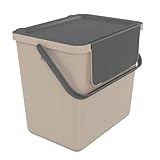 SUNDIS Loops, 25L Mülleimer für Mülltrennung im Innenbereich, stapelbar, rechteckig, aus recyceltem Kunststoff, taupe, mit Deckel, Griff und Tragegriff, für Küche, Kantine, Restaurant, Pausenraum