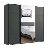 Geräumiger Schwebetürenschrank Kleiderschrank 3-türig B225/H208/T64 cm in Grafit, mittlere Tür mit Spiegel, inkl. einer Kleiderstange, 4 Einlegeböden und 2 Stoffboxen / 22519