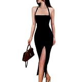 KBRPEY Damen Kleider Eng Anliegend Sommerkleid Damen Figurbetontes Ärmelloses Kleid Hängt um Deinen Hals Partykleid Rückenfreies Abendkleid mit Hohem Schlitz Langes (Schwarz S)