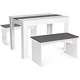 IDMarket – Set Esstisch und 2 Bänke Rozy, weiß und grau
