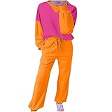 Uwdiohq Women's 2 Piece Sweatsuit Oversized Sweatshirt Sweatpants Matching Set Fall Outfits Winter Clothes Pyjama Sexy Damen (Orange, XL) Schlafanzug Partnerlook Kuschel Flauschig Baumwolle Lang