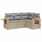 vidaXL Garten Sofagarnitur mit Kissen 4-TLG., Gartenmöbel Gartengarnitur, Sitzgruppe Sitzgarnitur, Lounge Sofa Garnitur Terrasse, Beige Poly Rattan