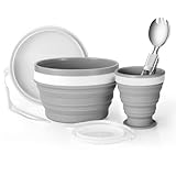Odoland Geschirr Set für Camping Inklusive Faltbare Zusammenklappbare Silikonschüssel und Reisebecher mit Deckel, Edelstahl Salatlöffel für Backpacking, Outdoor, Camping, Wandern und Picknick