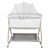 HUOLE Babywiege, Reisebett für Babys mit Matratze, Kinderreisebett, Reisegitterbett, von 0 bis 25 kg, Vordach, Moskitonetz, klappbar, Schaukelsystem, Liegeverstellung-96 * 60 * 90-115cm – grau